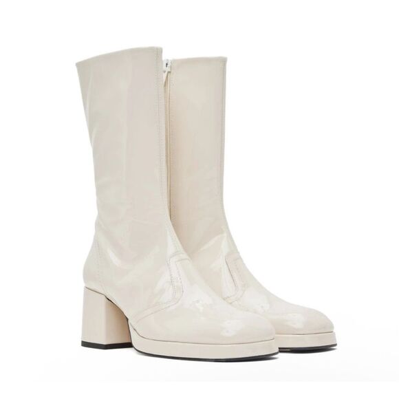 Miista Cass Boots 40 Cream White Patent Leather Block Heel Square Toe High Tall - Picture 1 of 16